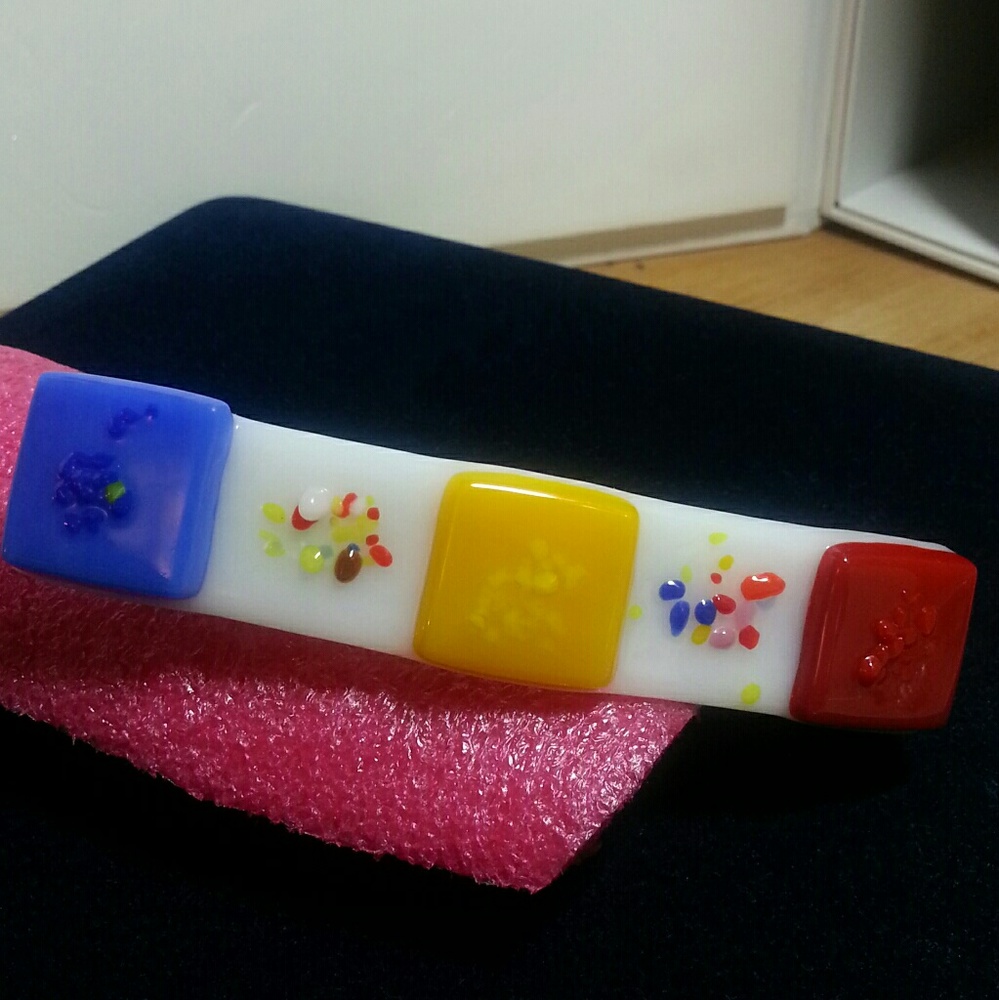 Art glass barrette 4" rectangular blue red yellow Made in France